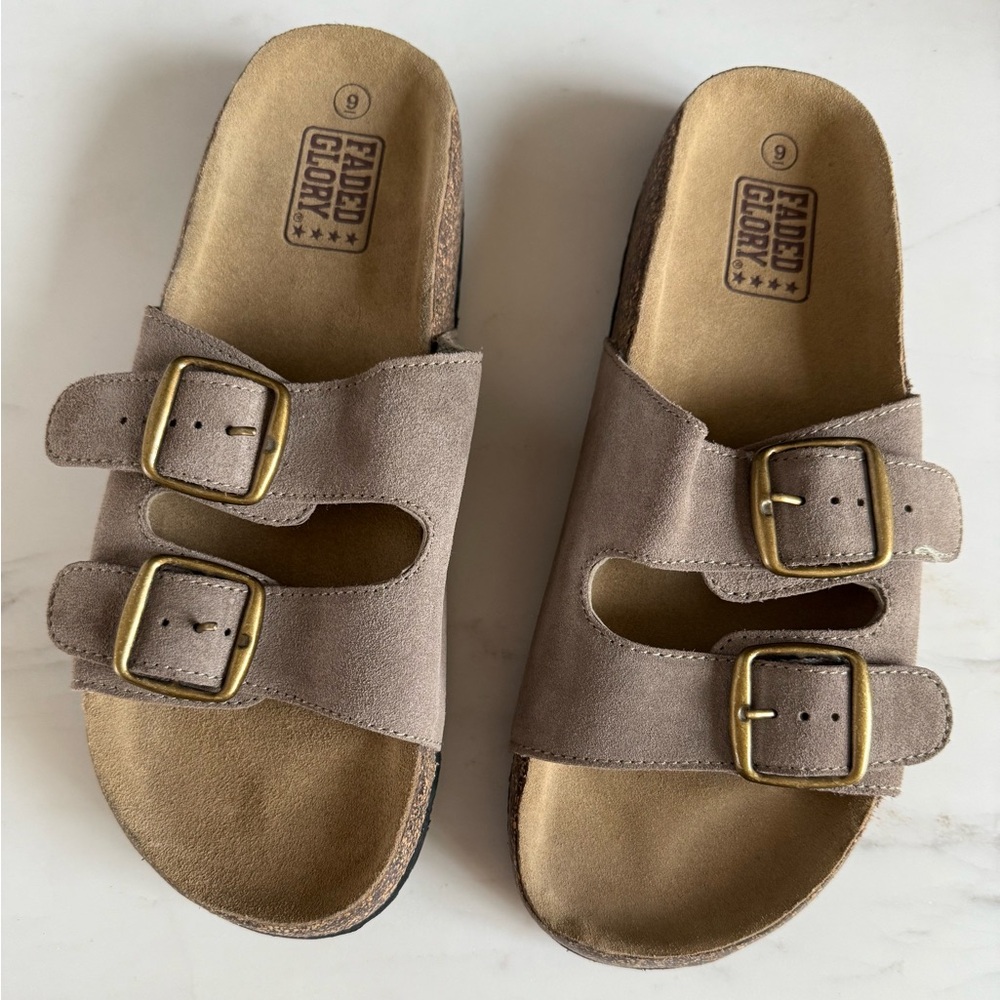 New Faded glory Men’s slippers sandals leather Cork footbed Gold Buckles Size 9 - Picture 10 of 11